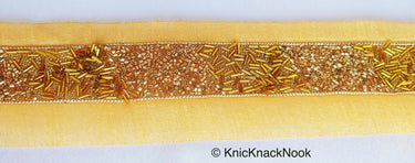 Beige Fabric Trim With Gold Seed Beads, Bugle Beads And Pipe Beads Embellishments, Beaded Trim